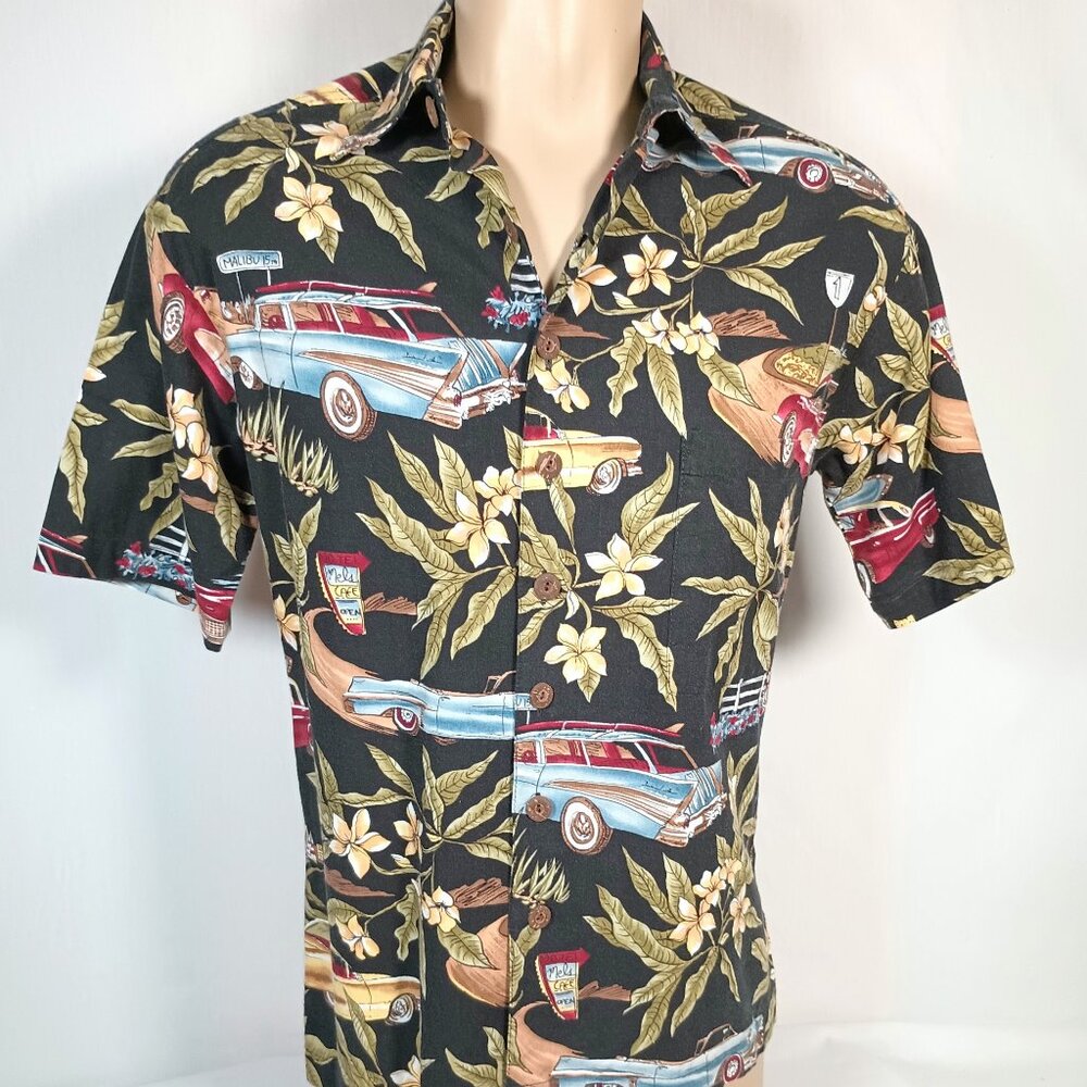 Koko Island Classic Cars Tropical Flowers Surf Hawaiian Aloha Camp Shirt SM VTG